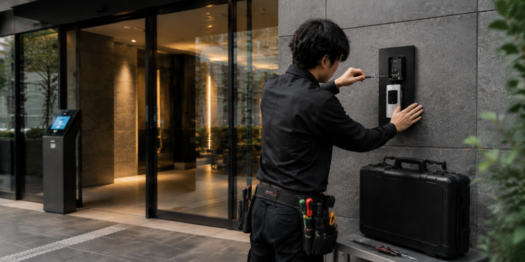 マンション共用部の入退室設備を施工する作業員